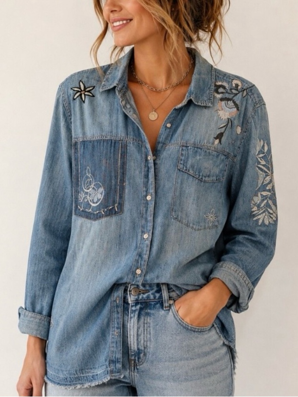 Vintage America Hayden Embroidered Denim Chambray Shirt L Boho Floral Distressed